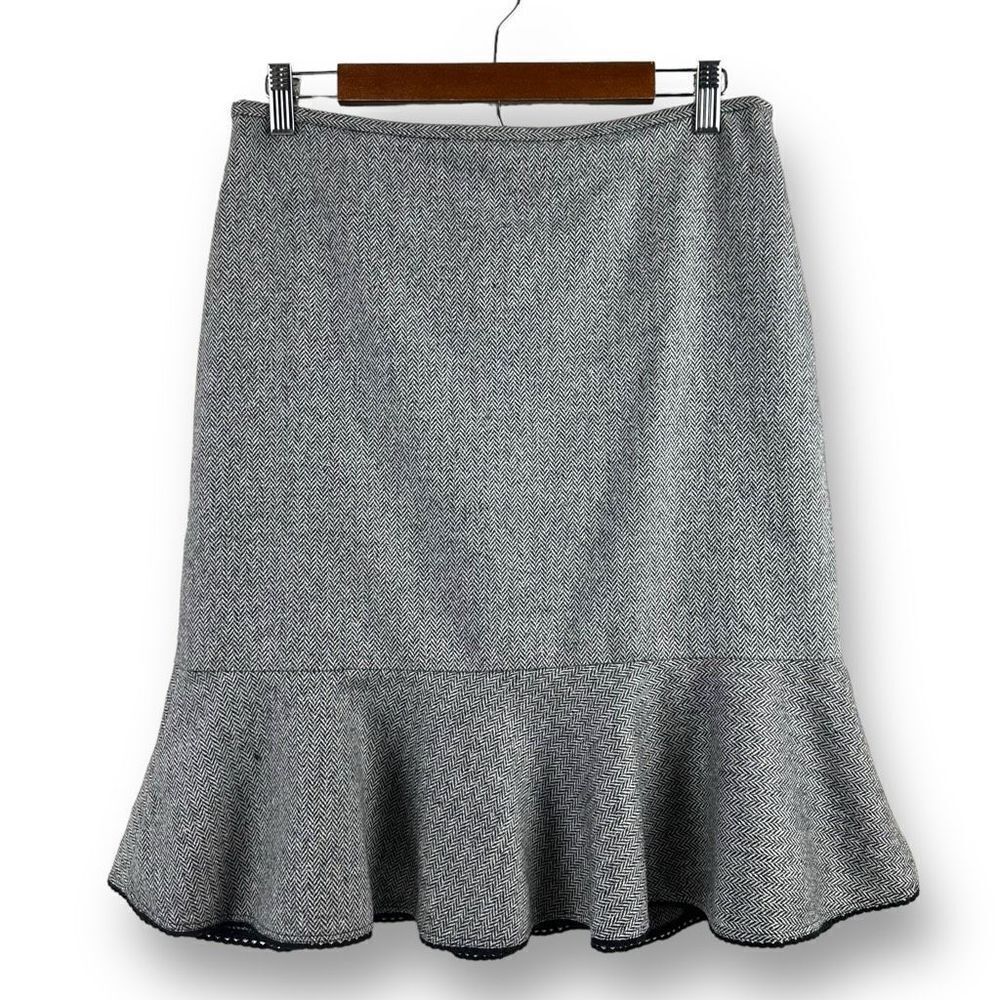 Ann Taylor Loft Women's 10 Petite Herringbone Print Tier Midi Skirt Black Gray